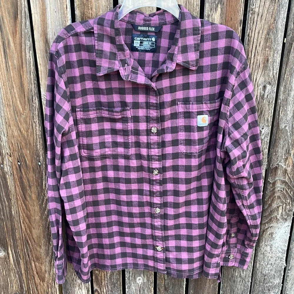 Carhartt XXL Plaid Shirt Loose Fit Rugged Flex Purple Black Long Sleeve Ladies - Picture 1 of 6